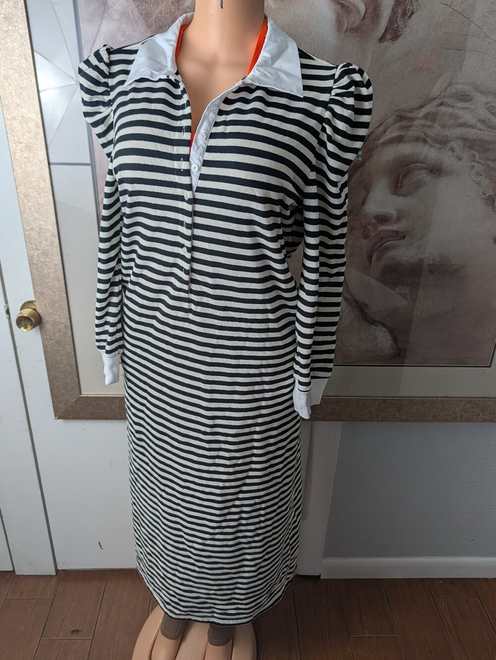 BURU Striped Knit Rugby Polo Midi Dress Contrast Collar Long Sleeve Size M